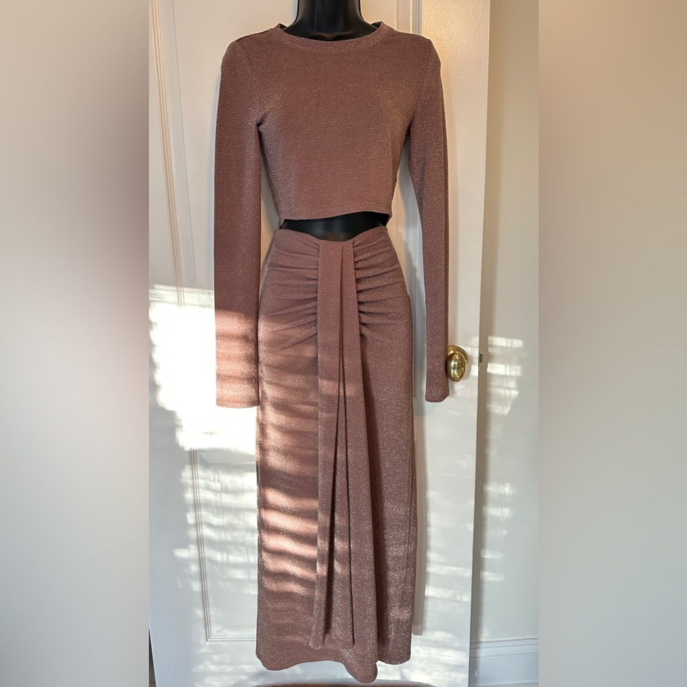 Reformation Shimmering Metallic Two-Piece Sexy Knit Set in Mauve Small